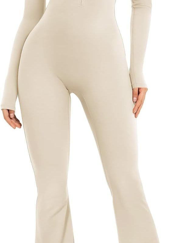 Women Long Sleeve Flare Workout Jumpsuit Zip Up Romper Bottom Pants Wide Leg Bodysuit Bodycon Sexy One Piece