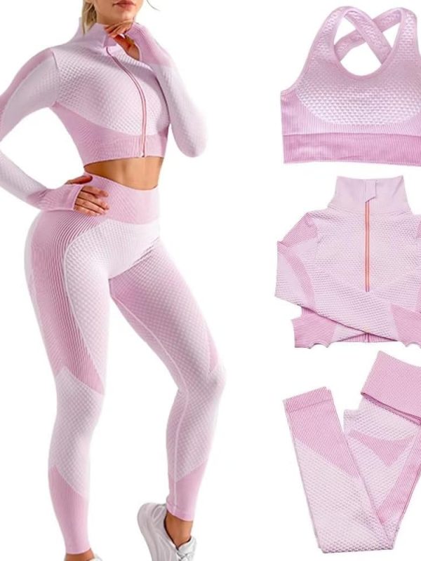 Women 3pcs Seamless Workout Outfits Sets, Yoga Sportswear Tracksuit Leggings and Stretch Sports Bra Fitness