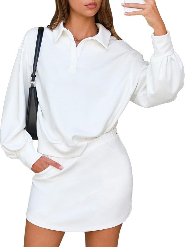 Women Two Piece Sets  Casual Polo Sweatshirt Skorts Matching Set Short Tennis Skirt Fall Workout Tracksuit Outfits