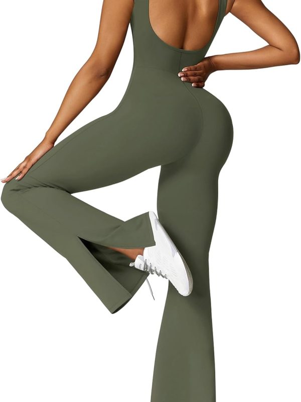 Women Flare Leg Jumpsuits Tummy Control Backless Unitard One Piece Workout Outfit V Neck Sleeveless Yoga Bodysuit