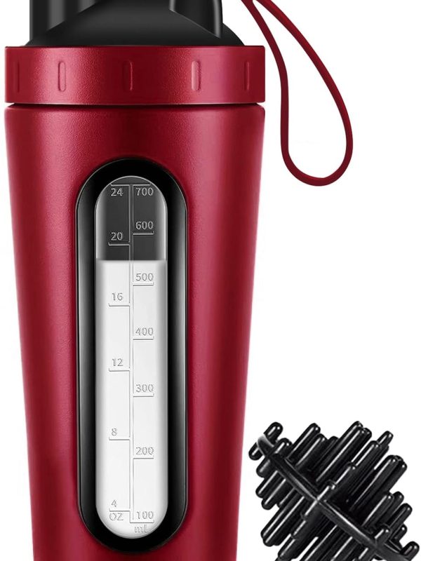 Protein Shaker Bottle, 28oz Shaker Bottles for Protein Mixes and Pre Workout, Visible Window, Stainless Steel Shaker Bottle Leak Proof (red)