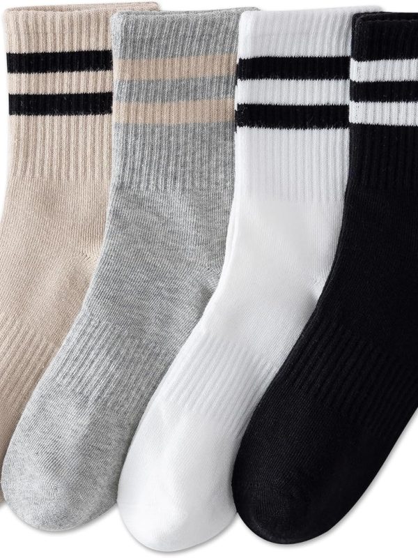 Womens Striped Crew Socks, Cotton Cozy Casual Socks for Women 4 Pairs, Size 5-10